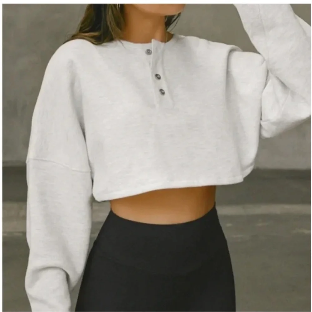 Joah Brown Henley Crop Sweatshirt Pearl Grey French Terry S - Picture 1 of 4